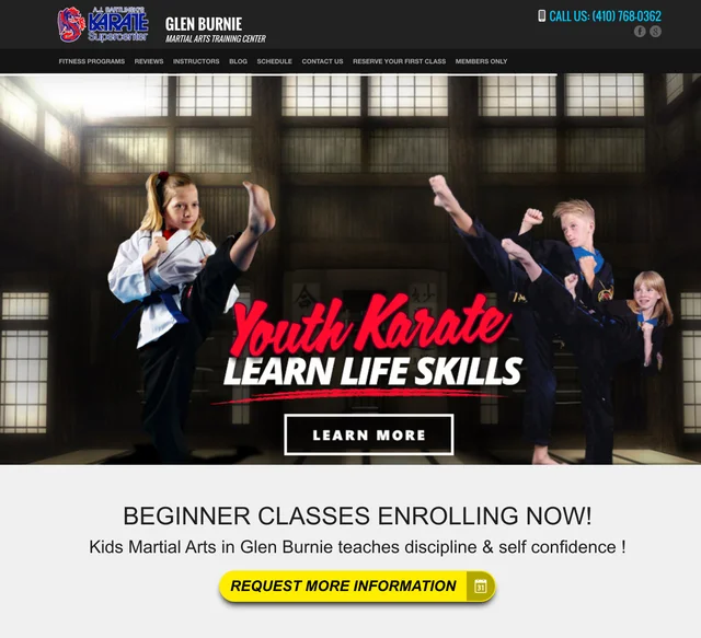 A.J. Bartlinski’s Karate website with youth martial arts imagery, program navigation, and an enrollment inquiry button.