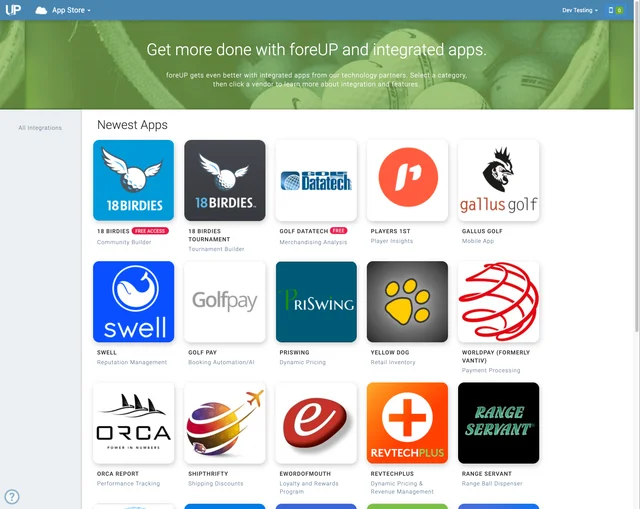 foreUP app marketplace showing partner applications for payments, inventory, pricing, player insights, and other golf-course services.
