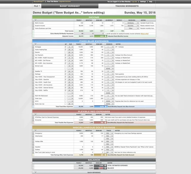 MoneySlinger demo budget worksheet with income, fixed and flexible expenses, savings, payment schedules, calculated totals, and a balance summary.