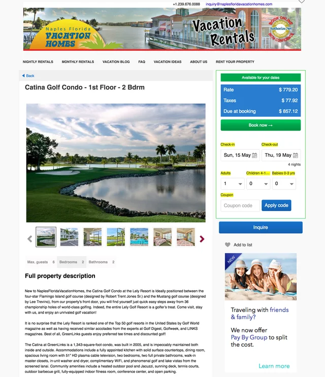 Vacation rental listing with property photos, date and guest selectors, availability, pricing, and a booking button.