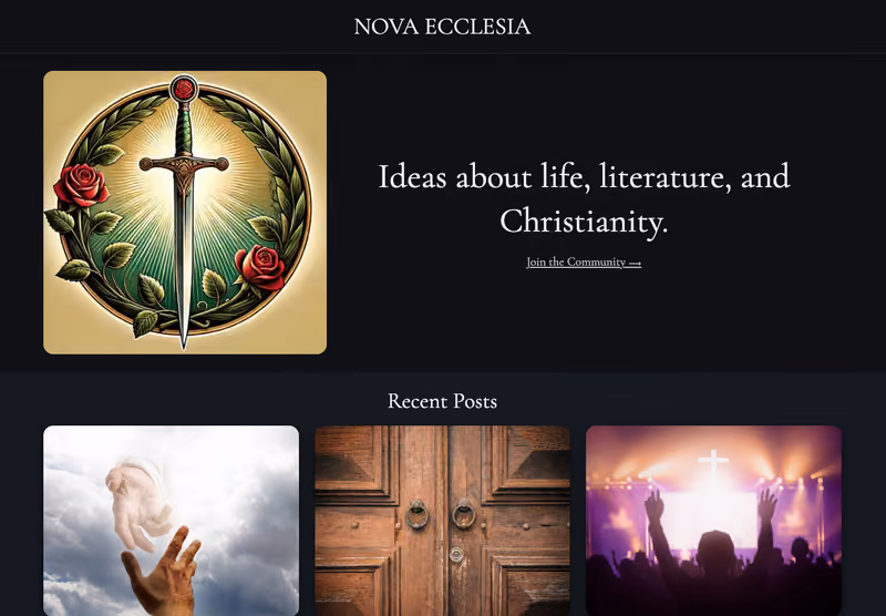 Nova Ecclesia homepage in dark mode