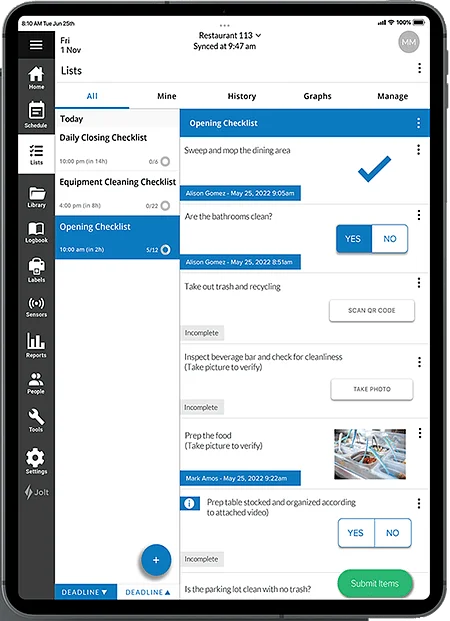 Jolt tablet product image showing an opening checklist with completed tasks, yes/no responses, QR scanning, and photo verification.