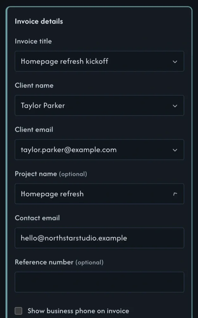 PaySegue dark-mode invoice editor showing invoice title, customer details, project, and contact information.