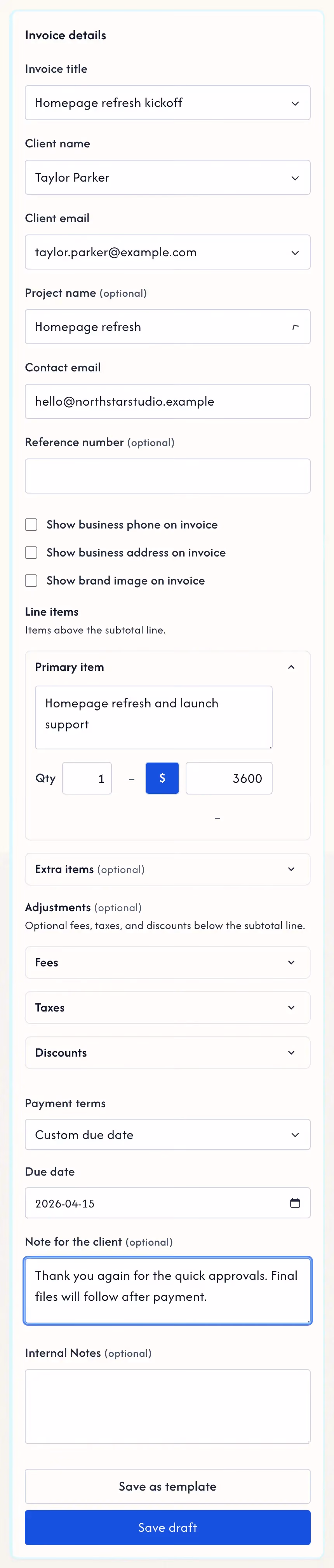 PaySegue invoice editor showing customer details, line items, and payment terms.