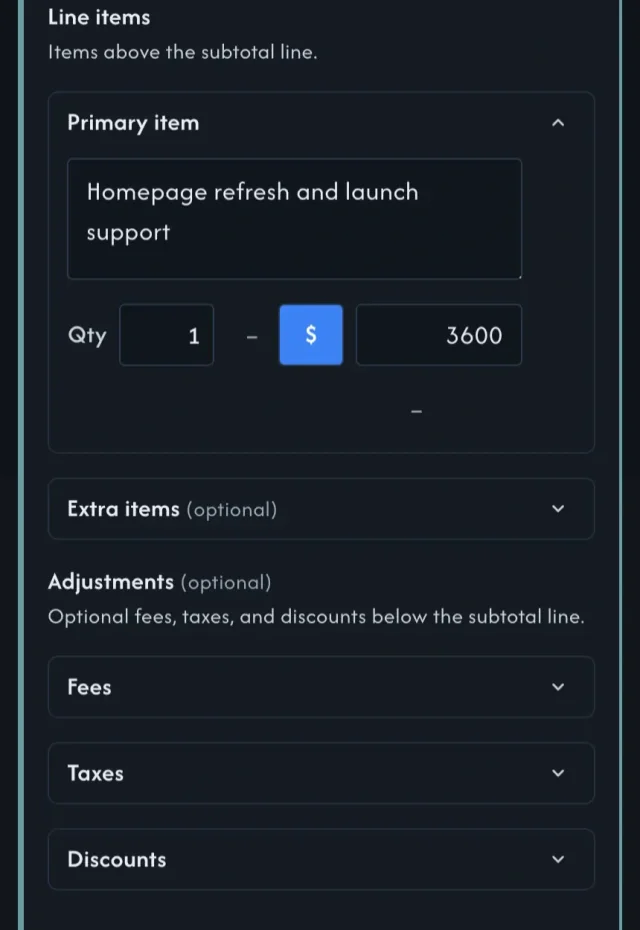 PaySegue dark-mode invoice editor showing a primary line item, quantity and price controls, and fee, tax, and discount adjustments.