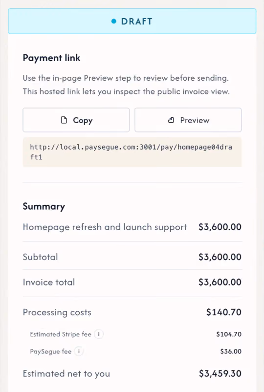 PaySegue example invoice summary with a shareable payment link and a breakdown of the total.