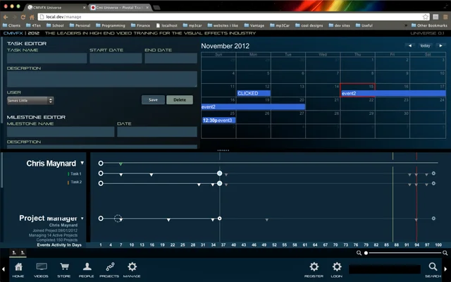 cmiUniverse task editor and calendar above project timelines with task and milestone markers.