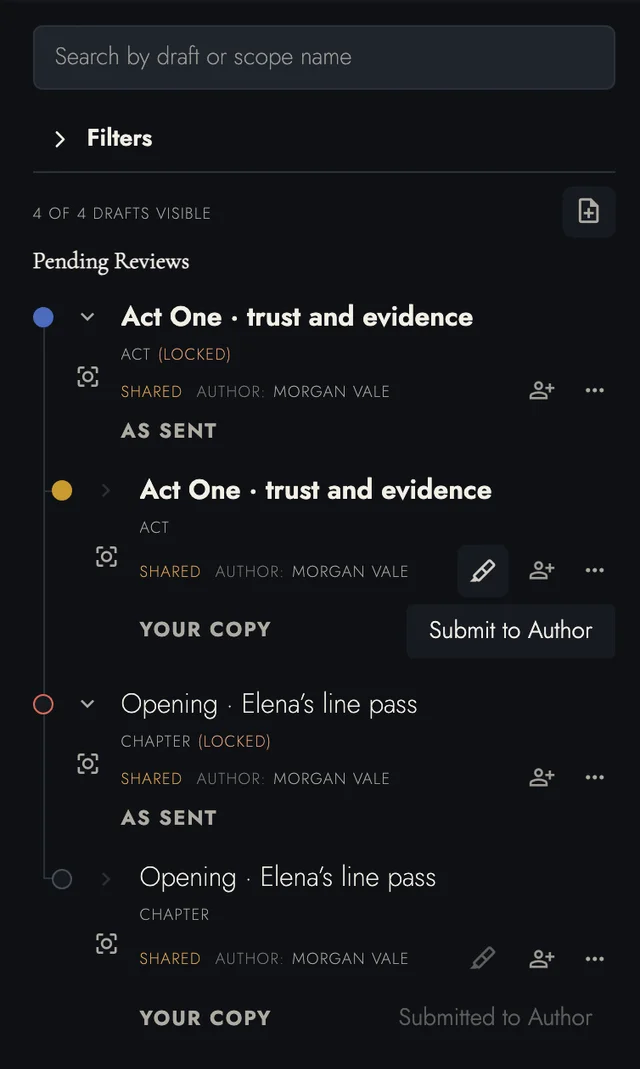 Tabularia dark-mode pending reviews showing shared act and chapter drafts, working copies, and submission status.