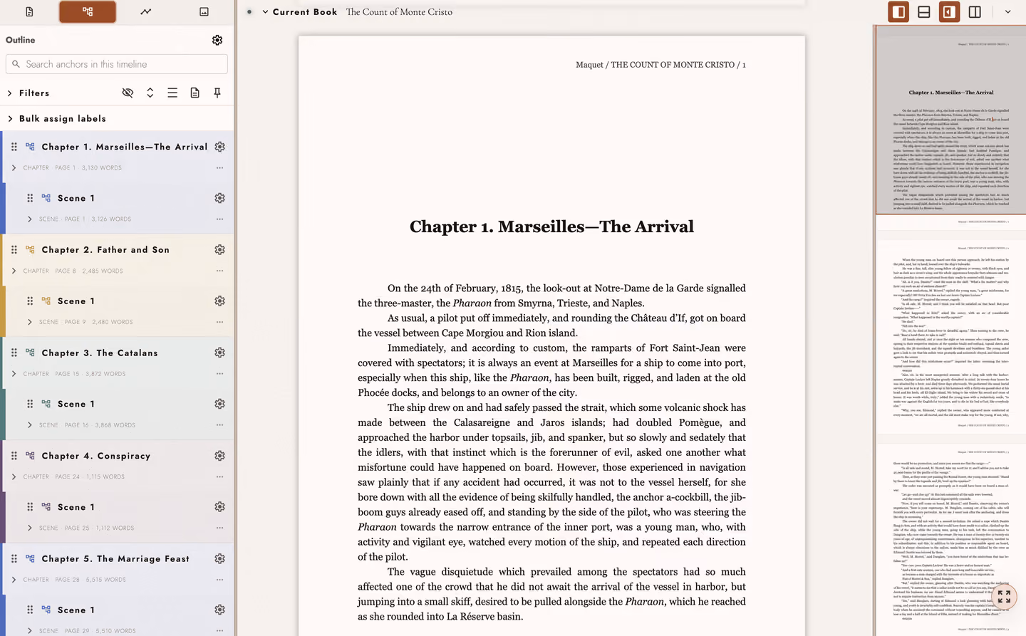 Tabularia Studio, with a chapter outline, manuscript page, and page minimap side by side.