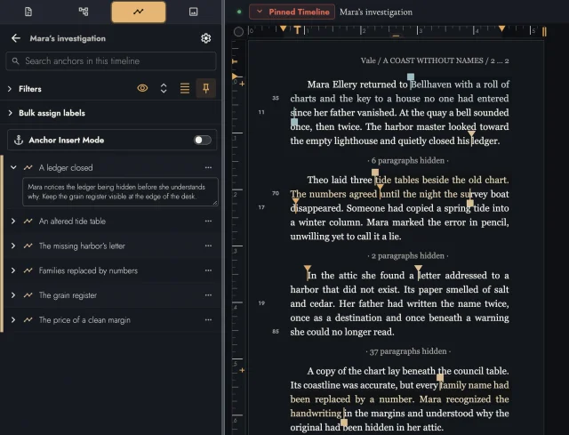 Tabularia dark-mode timeline for Mara’s investigation beside the related manuscript passages.
