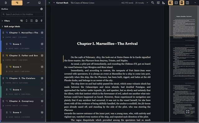 Tabularia dark-mode workspace with The Count of Monte Cristo, its chapter outline, and page minimap.