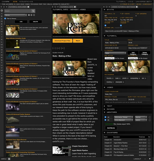 cmiVFX tutorial library, video preview, and administration panels for metadata, contributors, and chapters.